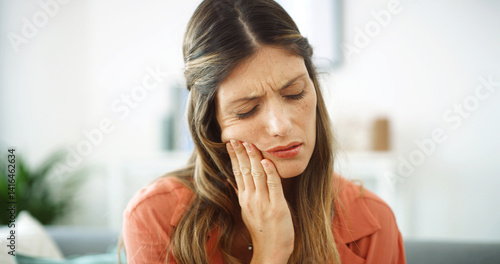 Obraz na plátně Woman, sore mouth and toothache at house from dental cavity, tooth extraction and gum infection