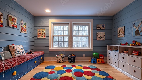 Playful, light-filled children's room.  Cozy seating, colorful rug, and window views