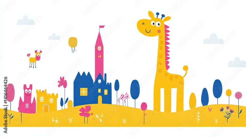 Obraz premium Playful Pixelated Landscape featuring a Giraffe Castle and Whimsical Elements perfect for Children's Illustrations and Digital Designs vibrant and engaging