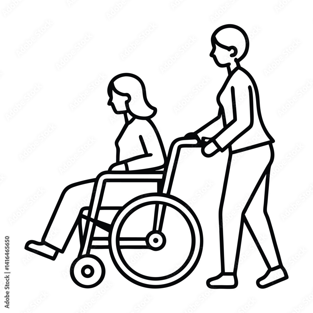 A line art of caregiver assistant vector icon illustration on white background . A line art of caregiver assistant vector icon illustration on white background .