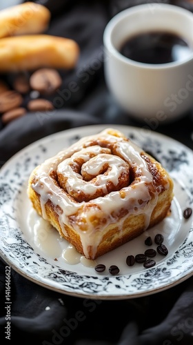 Glazed cinnamon roll on plate, coffee in background