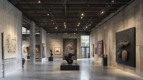An industrial-style art gallery with raw concrete walls, steel sculptures, and minimalist modern art, creating a bold and contemporary atmosphere.

