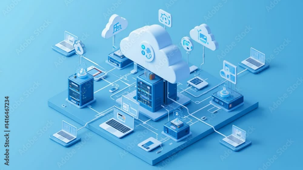 Cloud Computing Network: A 3D Isometric Illustration of Data Centers, Servers, and Connected Devices