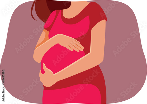 Detail of a Pregnant Belly Vector Cartoon Illustration. Mother to be caresses a baby bump awaiting baby birth 


