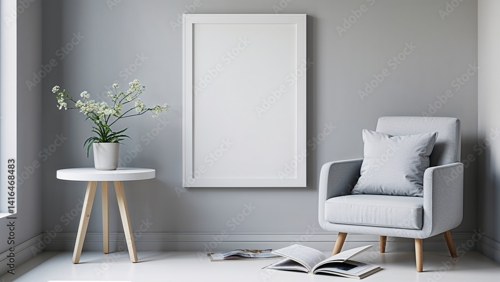 a minimalist interior design style featuring a cozy reading nook. The layout includes a plush, white armchair with rounded edges and wooden legs, positioned on a light wooden floor. a minimalist interior design style featuring a cozy reading nook. The layout includes a plush, white armchair with rounded edges and wooden legs, positioned on a light wooden floor.