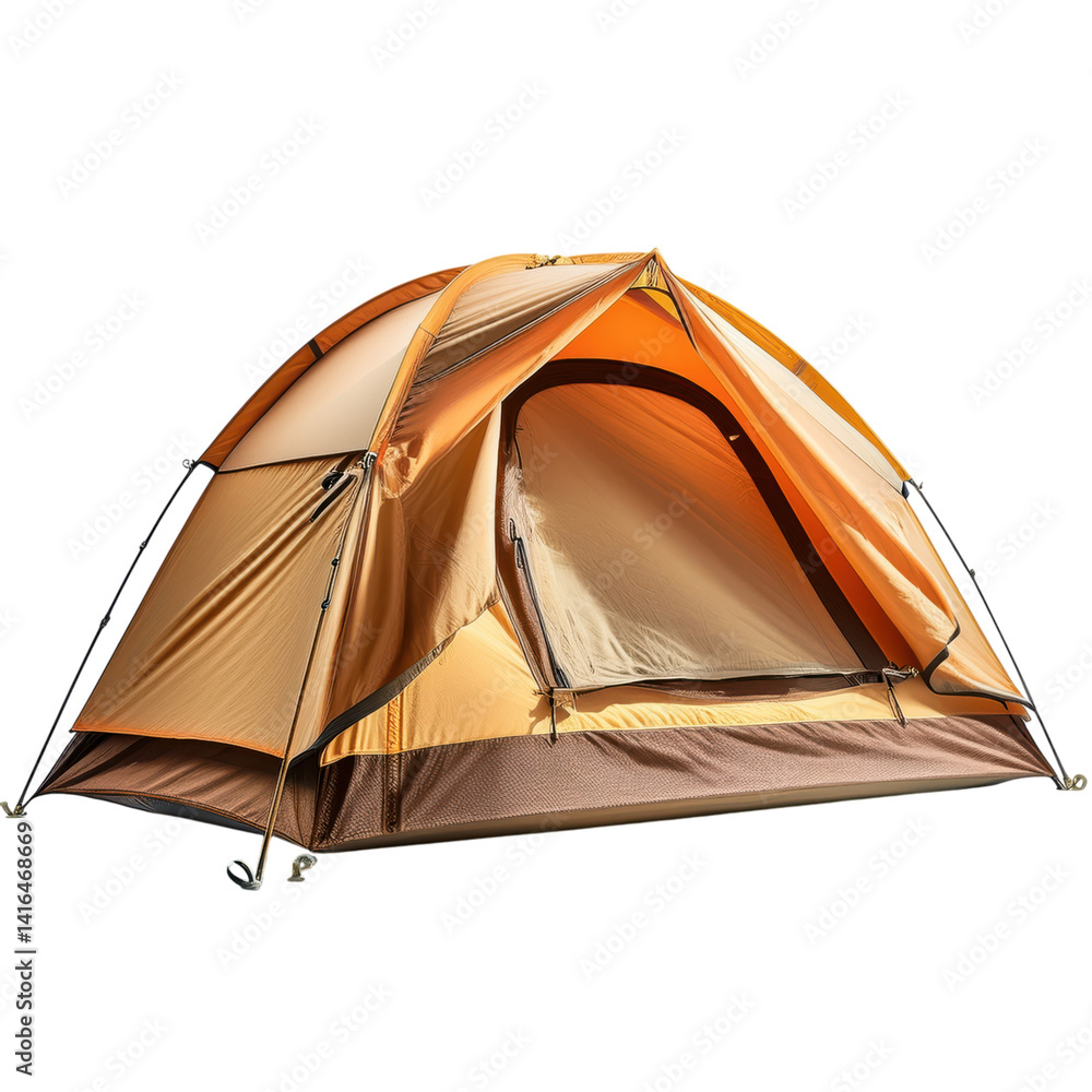 A vibrant orange tent designed for outdoor camping, featuring multiple entry points and a spacious interior.