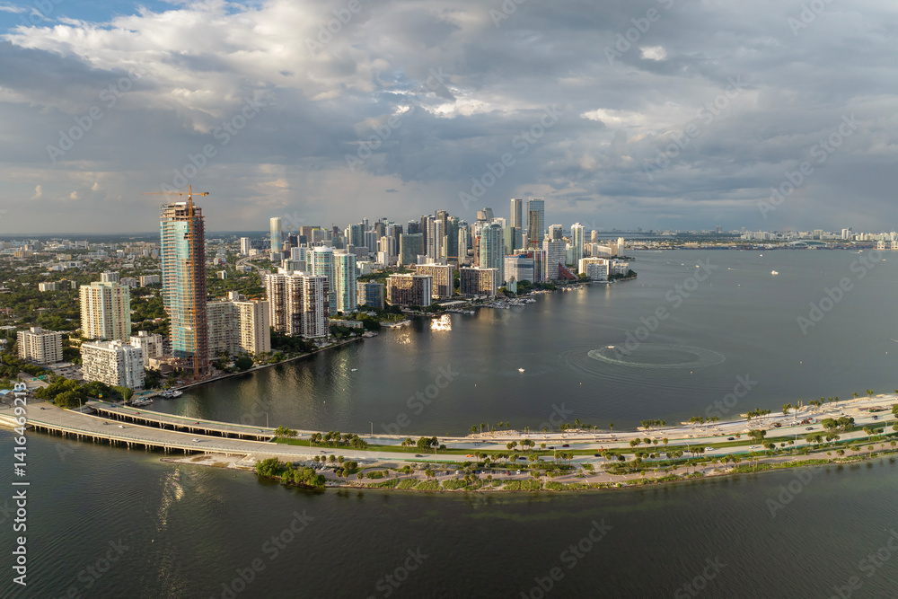 Obraz premium Aerial view of downtown office district of Miami Brickell in Florida, USA. High commercial and residential skyscraper buildings in modern American megapolis