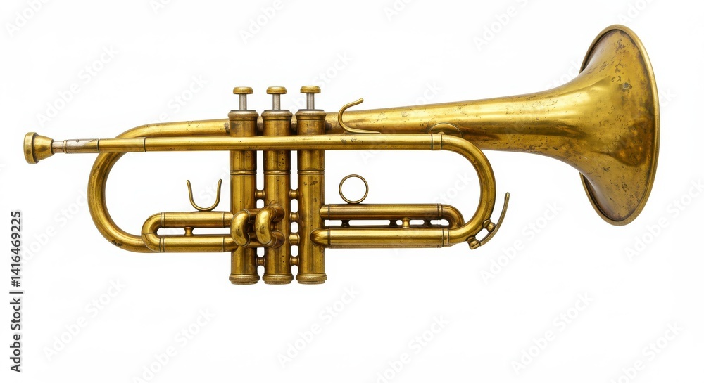 Fototapeta premium Well worn brass trumpet with a golden patina, showing signs of age such as tarnished spots and subtle scratches