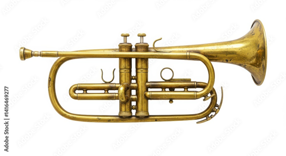 Obraz premium Well worn brass trumpet with a golden patina, showing signs of age such as tarnished spots and subtle scratches