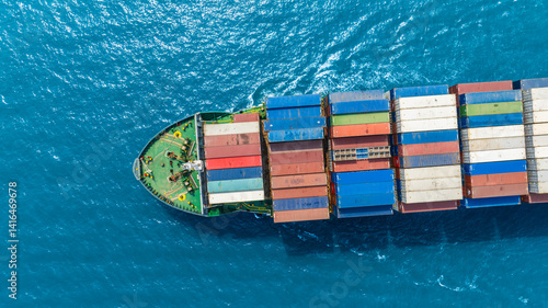 Aerial view of the freight shipping transport system cargo ship container. international transportation Export-import business, logistics, transportation industry concepts	