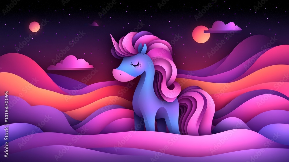 Obraz premium Pixelated unicorn on a dreamy landscape with colorful pastel hues stars and a moon creating a magical and whimsical atmosphere illustration