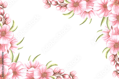 Almond kernels watercolor border. Hand drawn horizontal frame from natural organic food. Snack isolated illustration with copy space. Spice for cooking Template of nuts in sketch style for food design