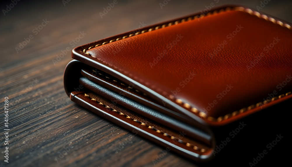 brown wallet sitting on top of a wooden table brown wallet sitting on top of a wooden table