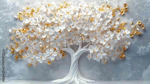 3D wallpaper featuring a white tree of life with golden flowers against a background