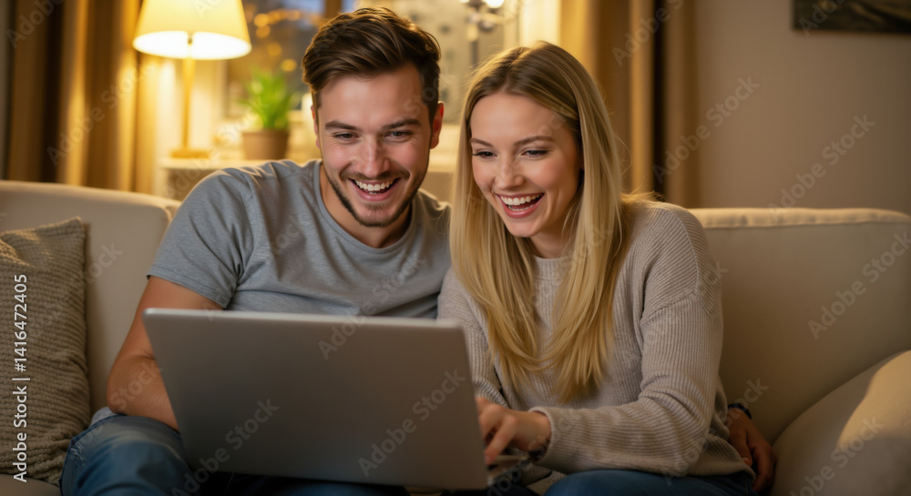 Young couple laughing while looking at laptop screen on beige sofa in evening living room. Shared entertainment moment for online content enjoyment and relationship bonding Young couple laughing while looking at laptop screen on beige sofa in evening living room. Shared entertainment moment for online content enjoyment and relationship bonding