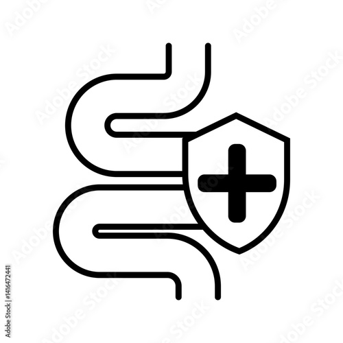 Gut protection, safety and normalization of digestion, linear icon. The intestine and the checkered shield. Line with editable stroke