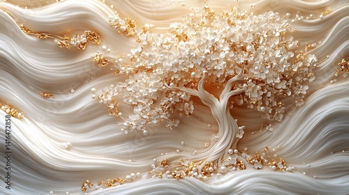 3D wallpaper featuring a white tree of life with golden leaves and pearls, flowers on a wavy background. 