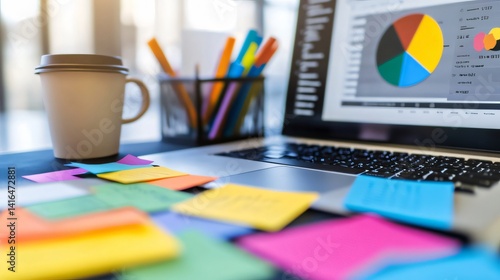 Analyzing Data with Laptop and Coffee Cup Surrounded by Notes
