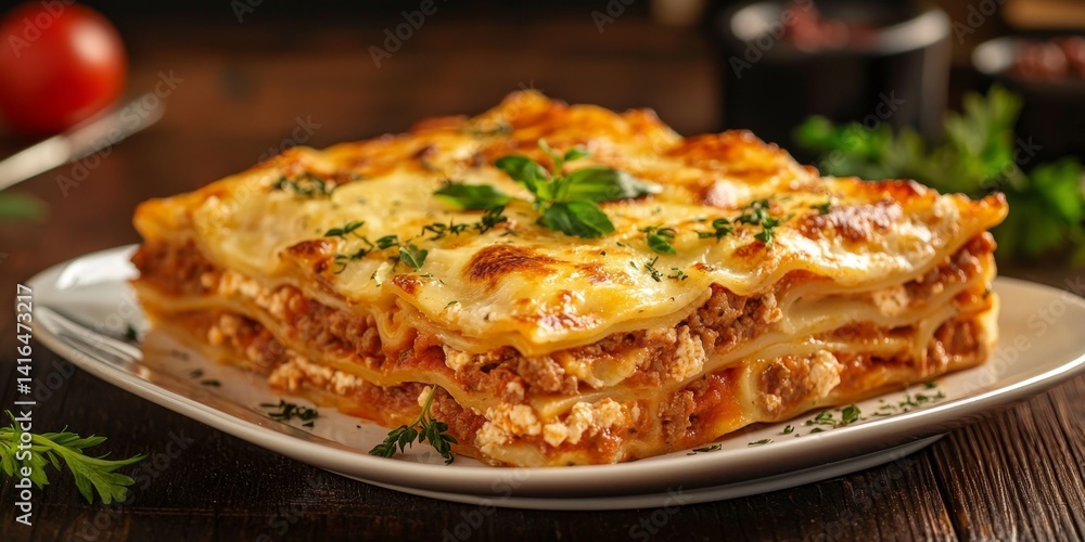 Hearty Meat Lasagna Served on a Rustic Table Hearty Meat Lasagna Served on a Rustic Table