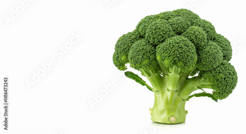 Fresh broccoli floret on white background with stem visible. Green cruciferous vegetable. Healthy ingredient for cooking and nutritious meals preparation