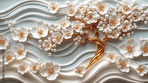 3D wallpaper featuring a white tree of life with golden flowers against a background.  