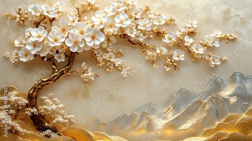 3D wallpaper background of golden flowers on beige silk, elegant and luxurious wall mural for the interior design of a bedroom or living room.