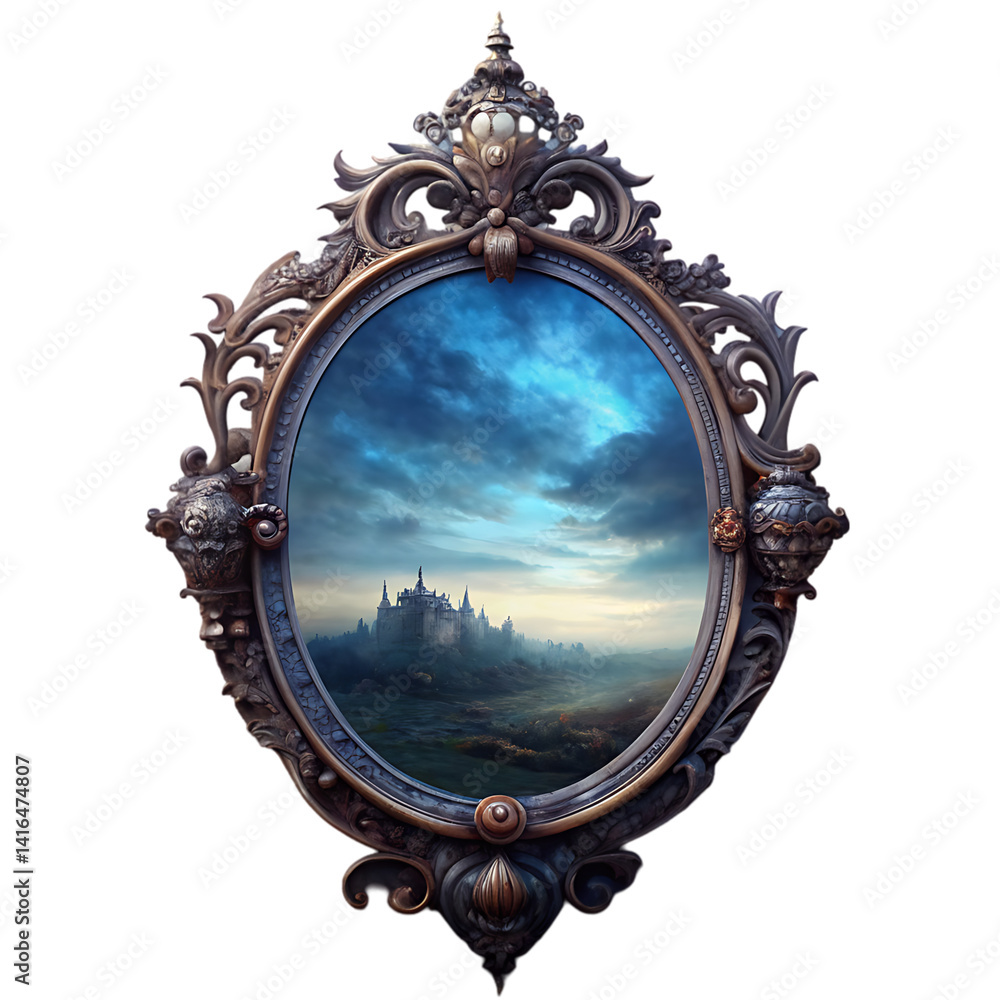 Obraz premium Ornate Mirror Reflecting Fantasy Castle Landscape