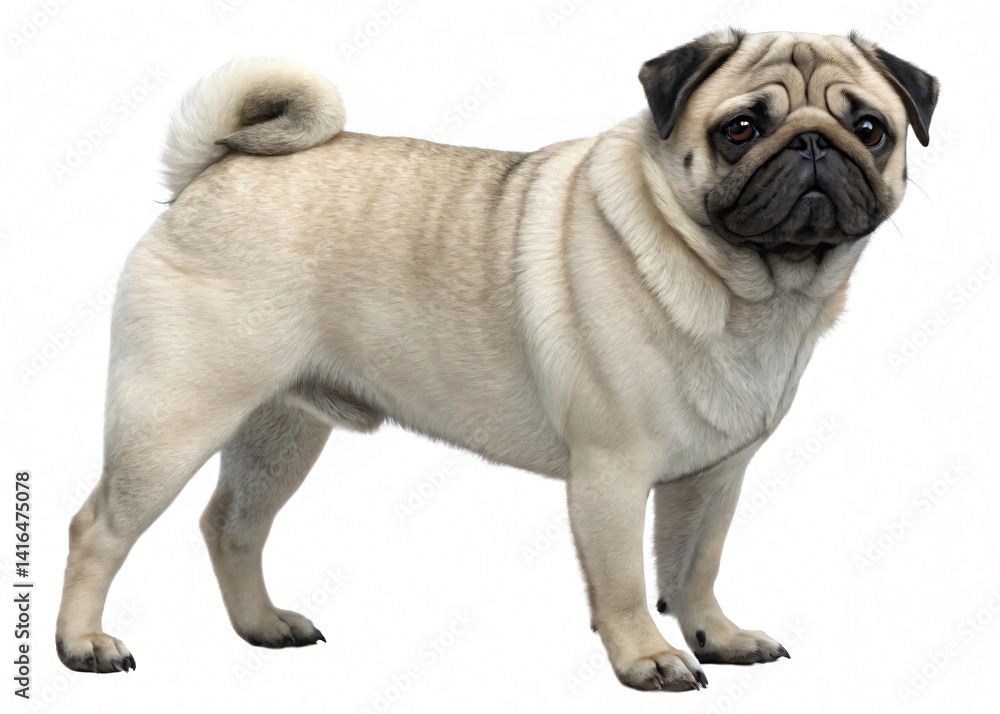 Adorable Pug Dog Breed Standing Pose Light Beige Fur White Background Adorable Pug Dog Breed Standing Pose Light Beige Fur White Background