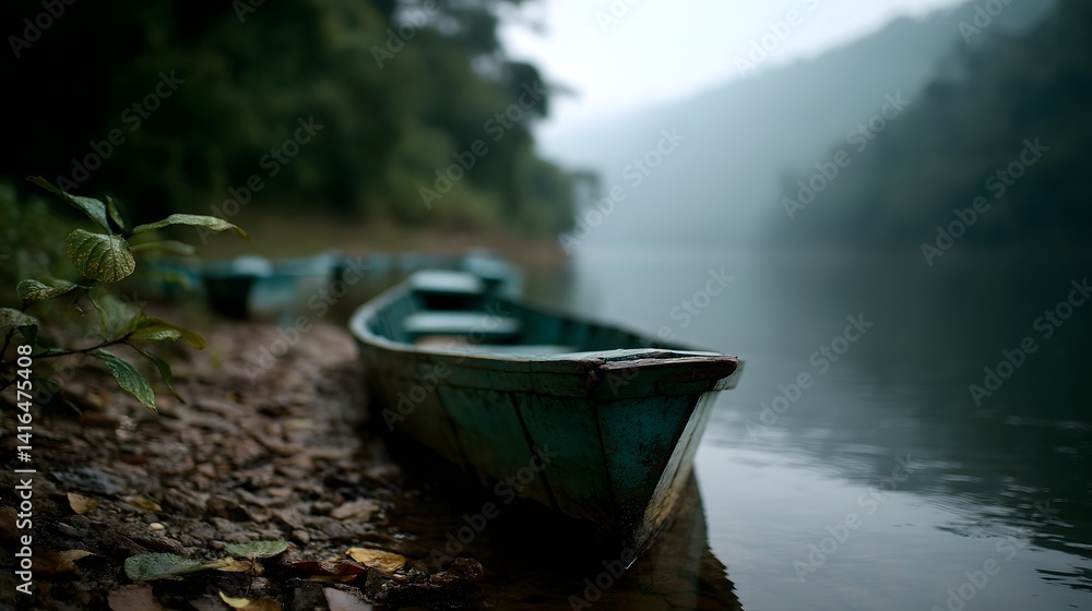 Obraz premium Serene jungle-surrounded lake with traditional tribal boats on the shore