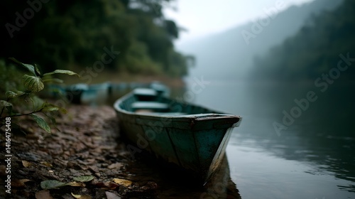 Fototapeta Naklejka Na Ścianę i Meble -  Serene jungle-surrounded lake with traditional tribal boats on the shore