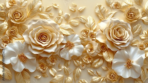 3d wallpaper with golden flowers, leaves and roses, beige background, golden colors