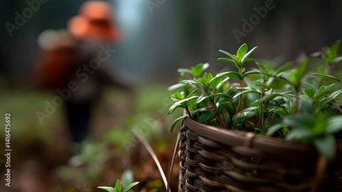 Vibrant field of wild herbs with traditional medicine gatherers at work