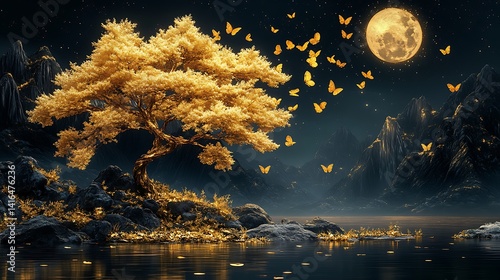 3D wallpaper, a luxurious golden tree with flowers in the moonlight, butterflies and mountains, on a black background.