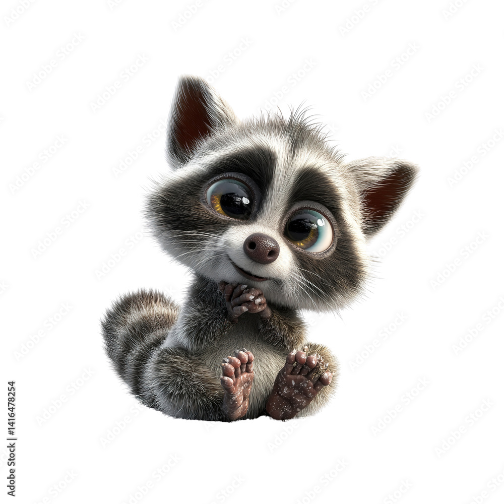 Adorable Baby Raccoon Sitting and Smiling, 3D Rendered Cartoon Character Adorable Baby Raccoon Sitting and Smiling, 3D Rendered Cartoon Character
