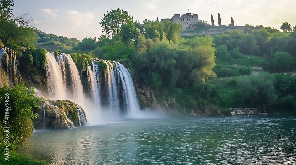 Obraz premium Majestic Waterfall Cascading Down a Lush Green Hill