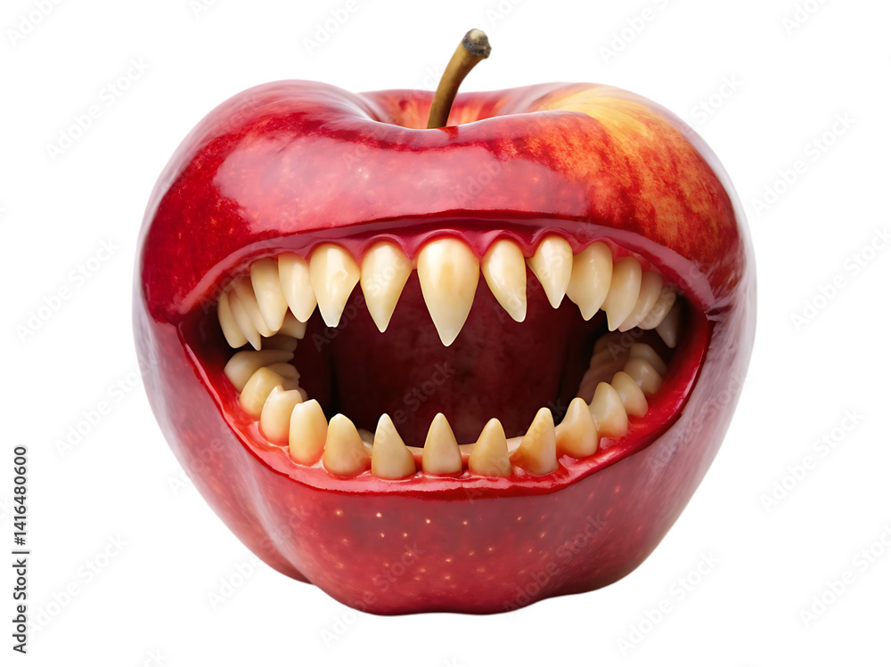 Naklejka premium Scary Red Apple with Vampire Teeth: Halloween Food Image