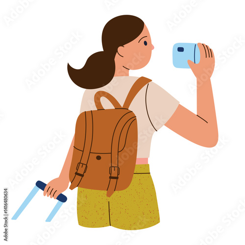 Cartoon girl traveler with suitcase and backpack taking photos of famous landmarks. Female solo travel vector illustration, woman exploring new places, cute character perfect for stickers