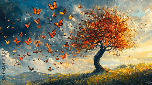 Colorful autumnal tree with butterflies in a stormy sky.