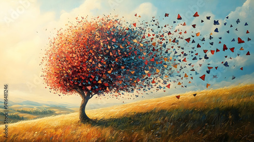Colorful autumnal tree, shedding its leaves, a symbolic representation of change.