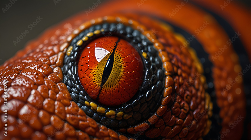 Fototapeta premium Close-up red snake eye, red, orange, black, macro photography, wildlife, danger, reptile,generative.ai 