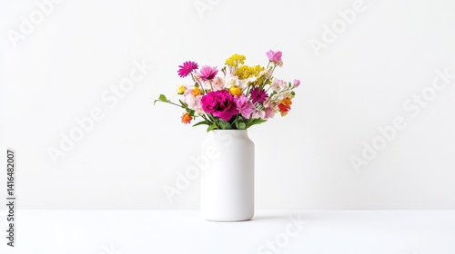Vibrant bouquet of mixed flowers in a simple white vase