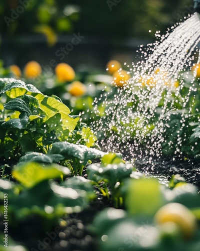 Watering garden plants in sunlight