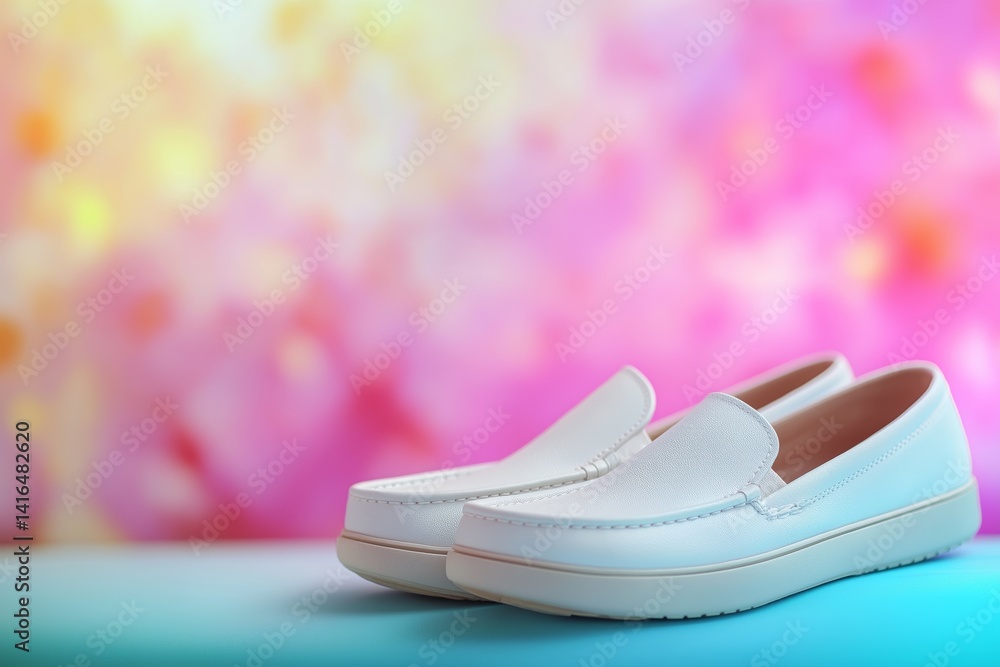 Pair of casual white slip-on shoes on slightly blurred pastel pink background with copy space. Concept for spring, summer fashion ads, youth-oriented brands, or minimalist product presentations.