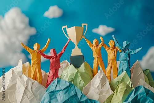 Colorful origami figures celebrate victory on crumpled mountains.