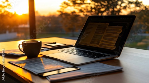 Laptop on Desk at Sunset with Coffee and Work Documents