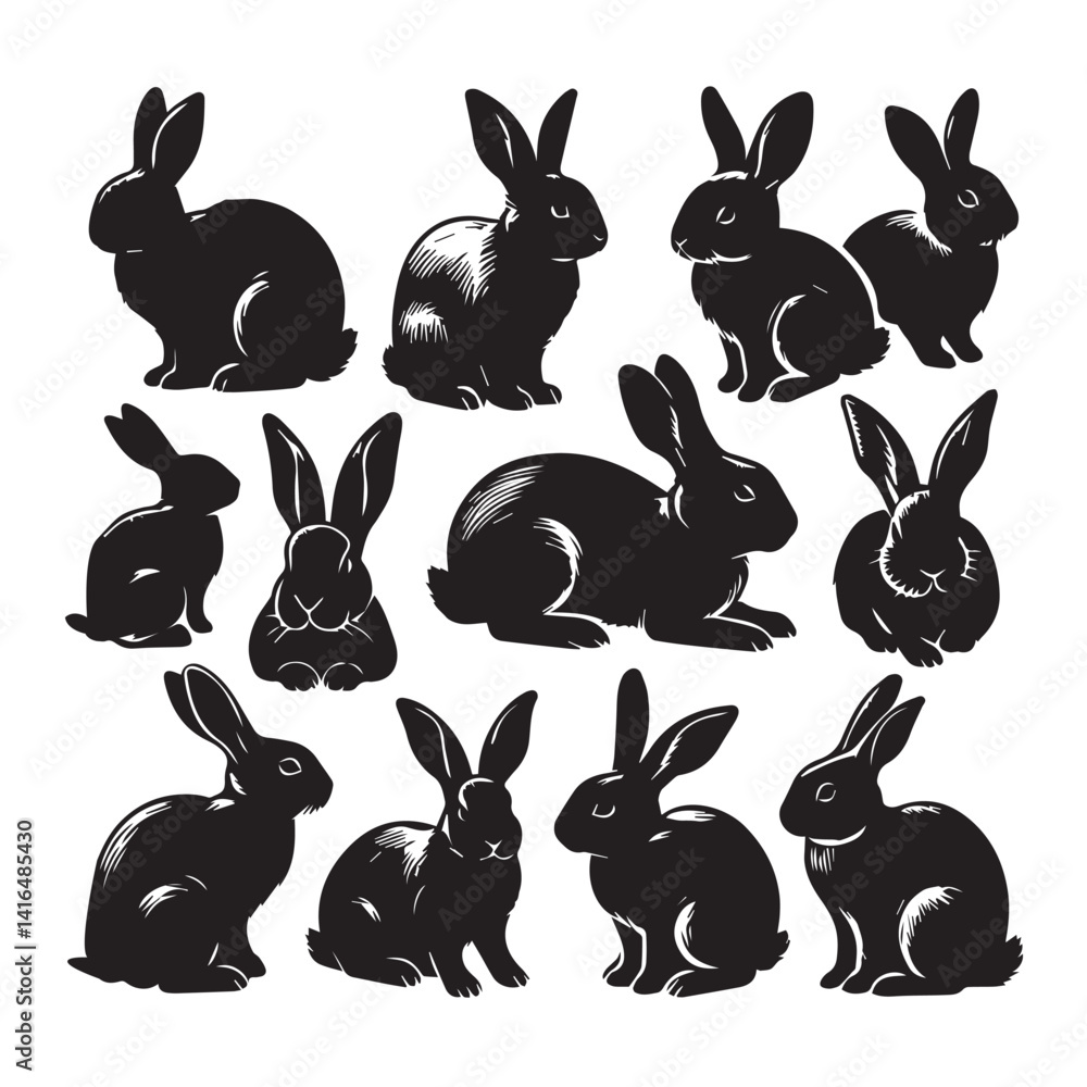Fototapeta premium Rabbit Silhouette Collection – Cute Bunny Vector Set for Easter, Spring, and Woodland Designs