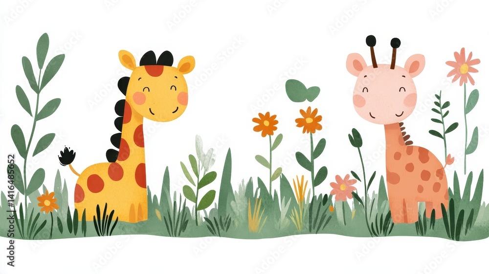 Naklejka premium Adorable watercolor giraffes amidst lush foliage and whimsical florals create a charming scene of wild beauty and gentle nature inspired artwork