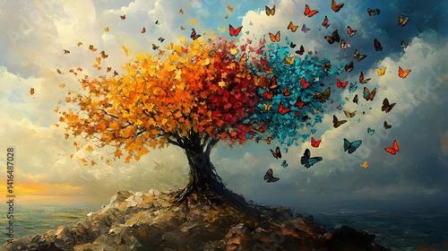 Colorful seasonal tree with butterflies, a symbol of change and nature.
