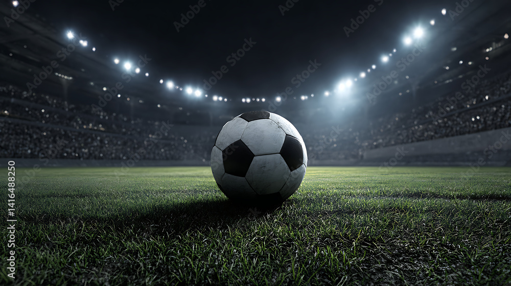 Fototapeta premium A close-up of a soccer ball on a well-maintained field under stadium lights during a match
