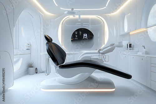 Futuristic dental clinic interior design featuring sleek, white and black aesthetics.